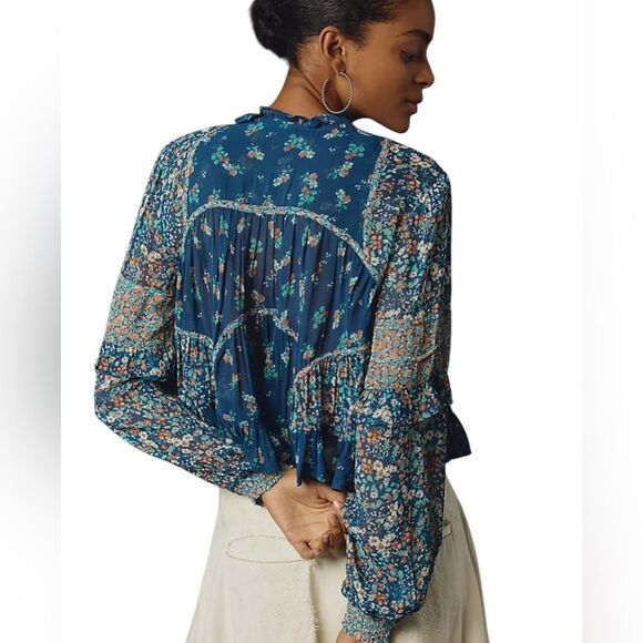 Anthropologie Womens Babydoll PeasantTop Size L Floral Boho Sheer Croppped - Picture 9 of 11